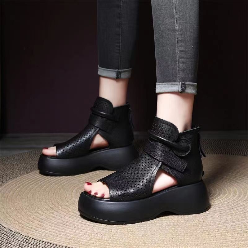 Verano nuevo hueco tacones agujeros zapatos gruesos antideslizantes velcro retro cuero cómodo muffins sandalias romanas