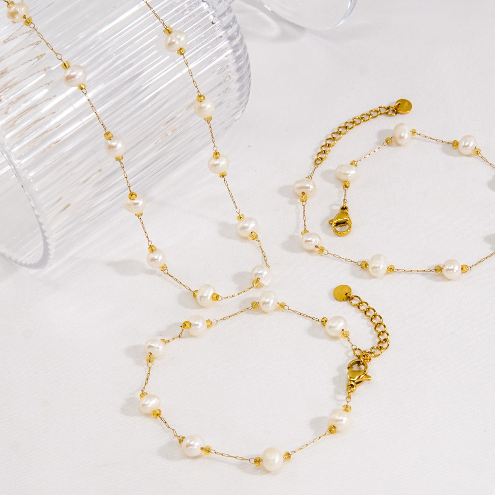 304 Stainless Steel, Imitation Pearl Material Solid Color Pattern Summer Season PVD Coated 14K Gold Real Gold Plated Solid Color 304 Stainless Steel Imitation Pearl Simple Style Waterproof Non Tarnish Bracelets Anklet Necklace