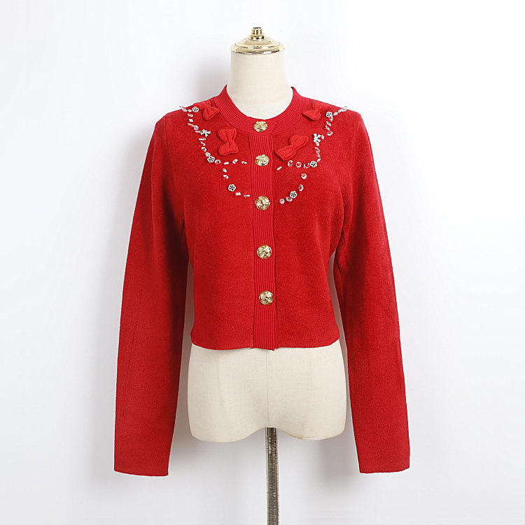 New Year's Red Knitted Short Cardigan with Round Neck, Single-Breasted, Bow, Rhinestones, and Gold Buttons for Holiday Dates