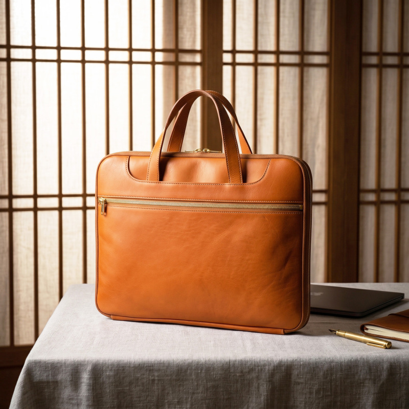 Genuine Leather Retro Computer Bag with Trolley Handle, First-Layer Calfskin Leather Briefcase, Unisex Handbag 7017