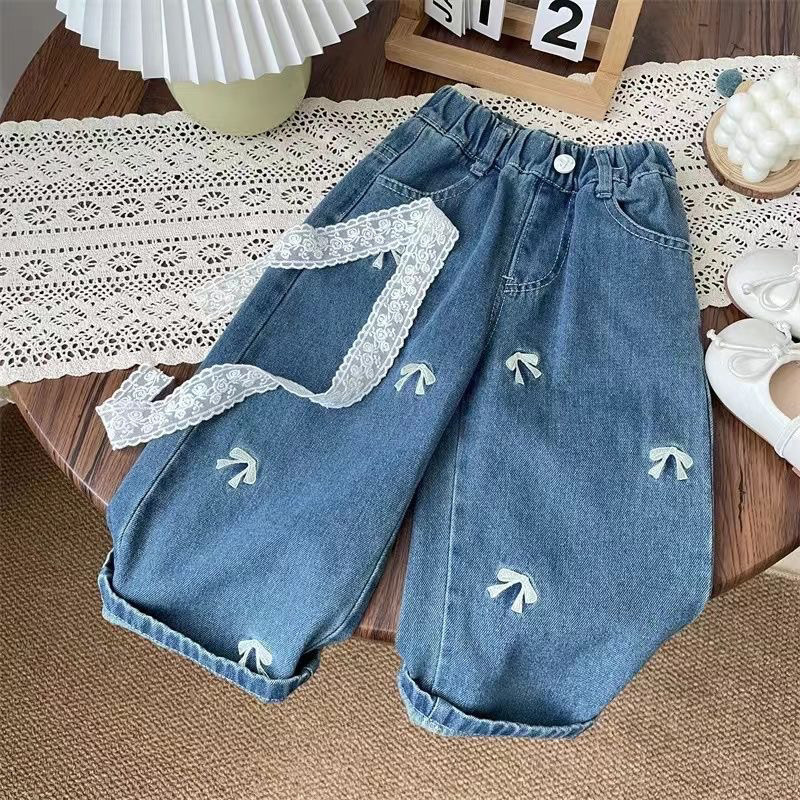 Girls' New Jeans, Children's Korean Style Loose Bow, Stylish Straight Trousers, Sweet and Soft Wide-Leg Trousers
