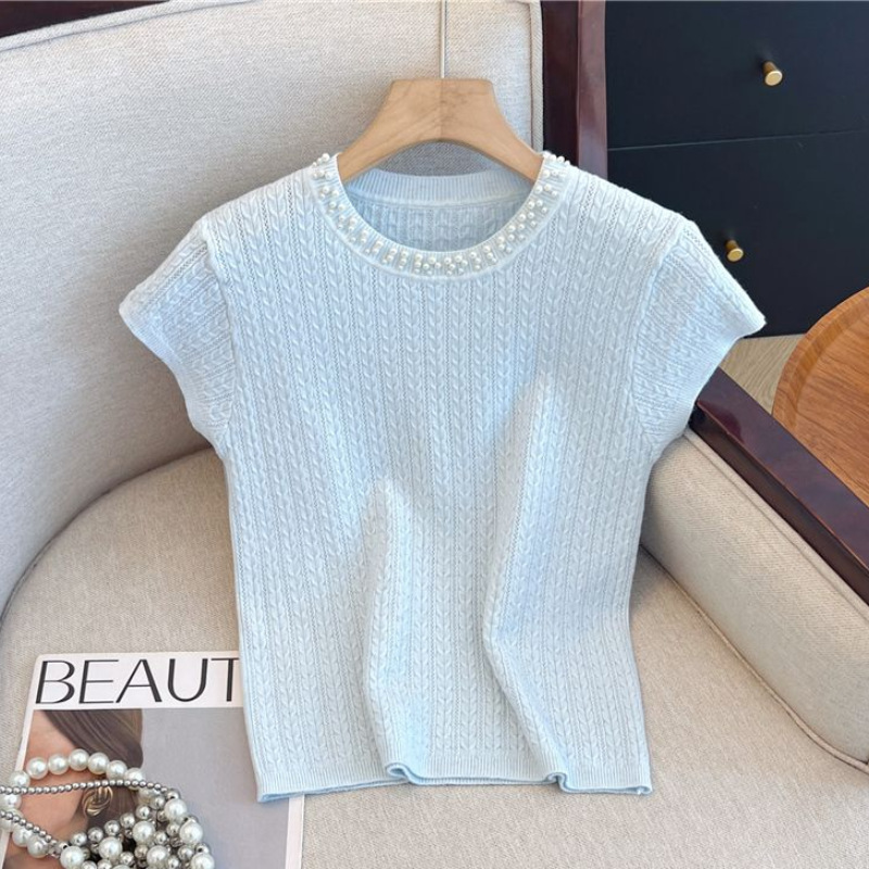Tweed Style Knitted Ice Silk Short-Sleeved T-Shirt for Women 2025 New Summer Super Nice Shirt Unique Elegant Top