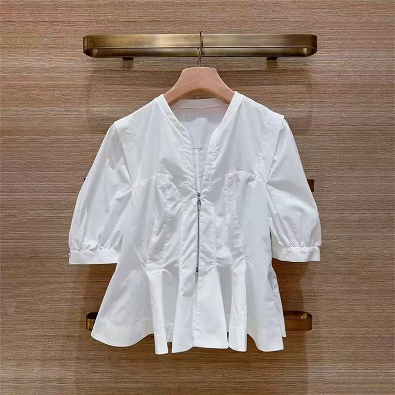 French Elegance 26 Early Spring Three-Dimensional Cut V-Neck Zipper Pleated Youthful Pure White Women's Shirt