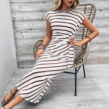 2025跨境气质优雅腰部绑带条纹圆领短袖长款连衣裙夏女高级感女装