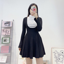 跨境女装法式甜美撞色拼接黑白领拼接连衣裙女小众设计感针织裙子