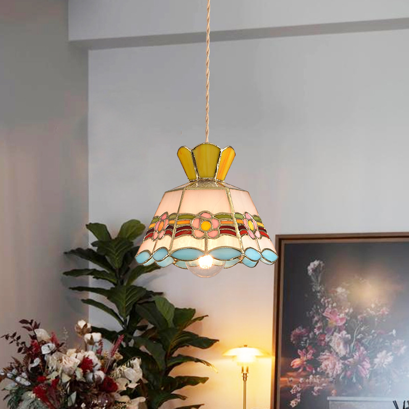 Lámpara de soldadura hecha a mano de latón retro estilo americano cabecera pasillo restaurante café vidrio de colores pequeño candelier