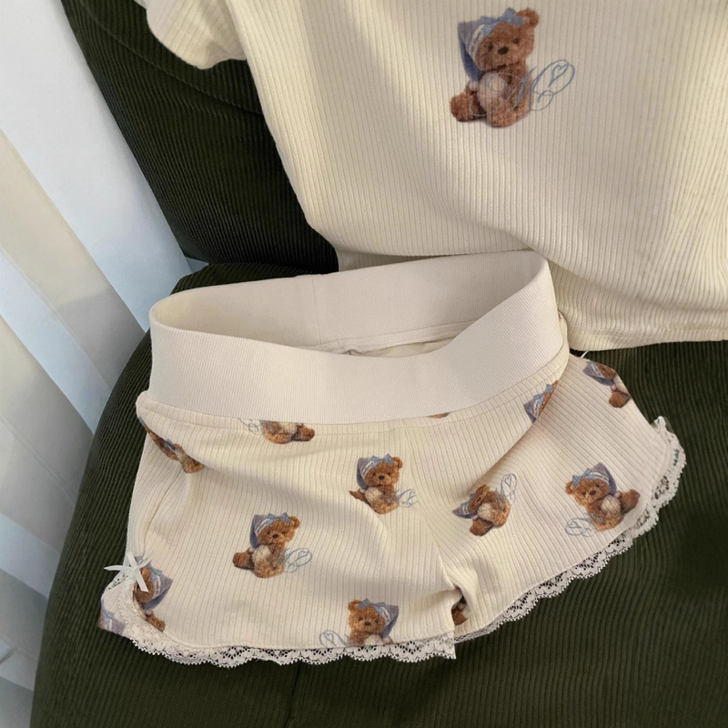 Sexy Pure Lust Style 2025 Summer Cute Cartoon Lace Pajamas for Small People, Women's Home Pants That Can Be Worn Outside Shorts