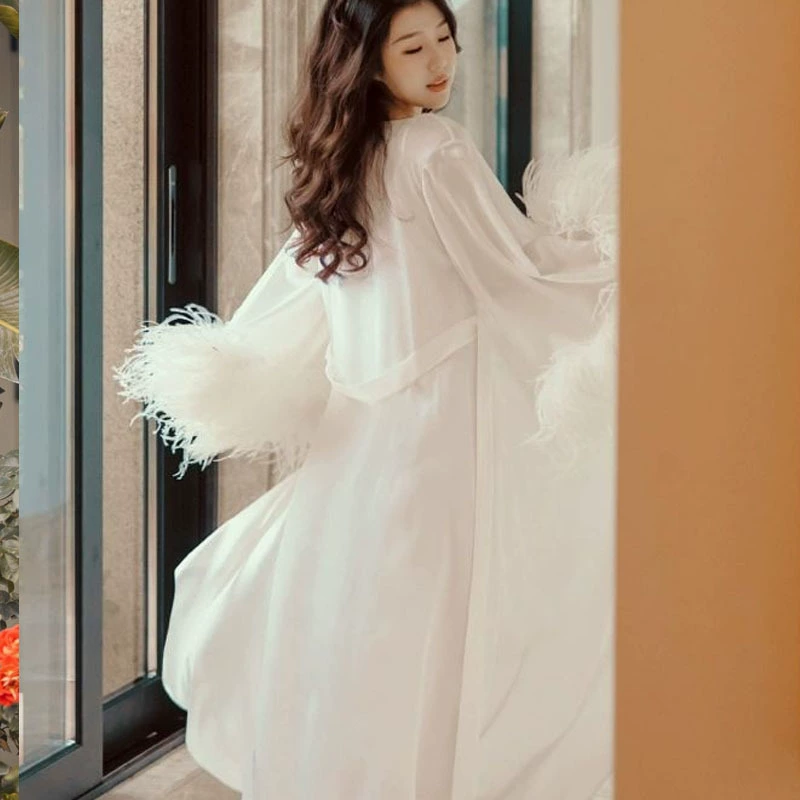 Утреннее платье, женское высококачественное платье для свадебной церемонии, роскошное длинное платье из белых страусиных волос со шлейфами, ночная рубашка из двух частей