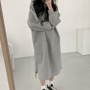 South Korea's Dongdaemun Autumn and Winter Lazy Style Wear Fleece-Lined Thickeneded Long Slit Hooded Loose Sweatshirt Dress