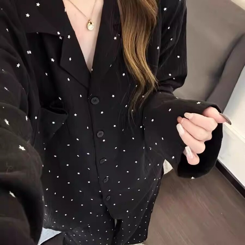 Cross-border wholesale black star cloud cotton pajamas, spring and autumn home wear for women, popular 2026 new long-sleeve set