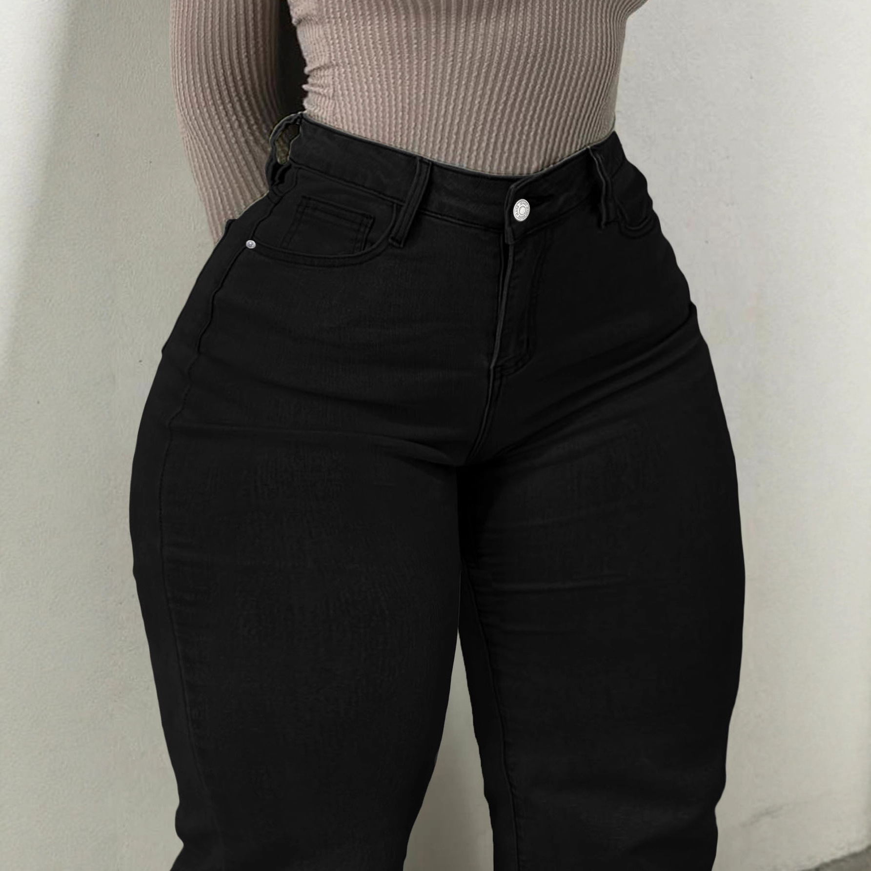 Women's Clothing Plus Size Jeans, High Waisted Flared Denim, Solid Color, Street Style, High Elasticity, Slim Fit, With Pockets._ecoleips.com