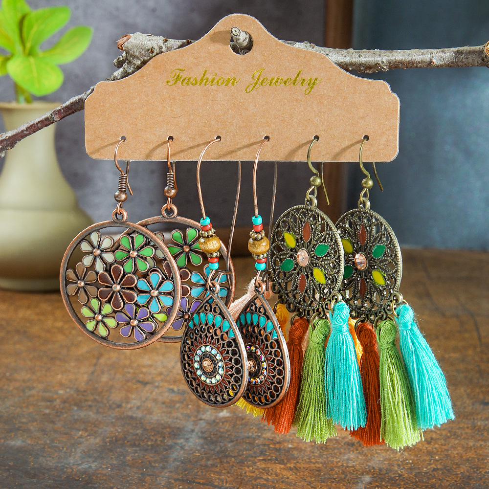 Hot Bohemian Tassel Earrings suit Combination Cross-border European and American Fashion Retro Ethnic Ear Jewelry
