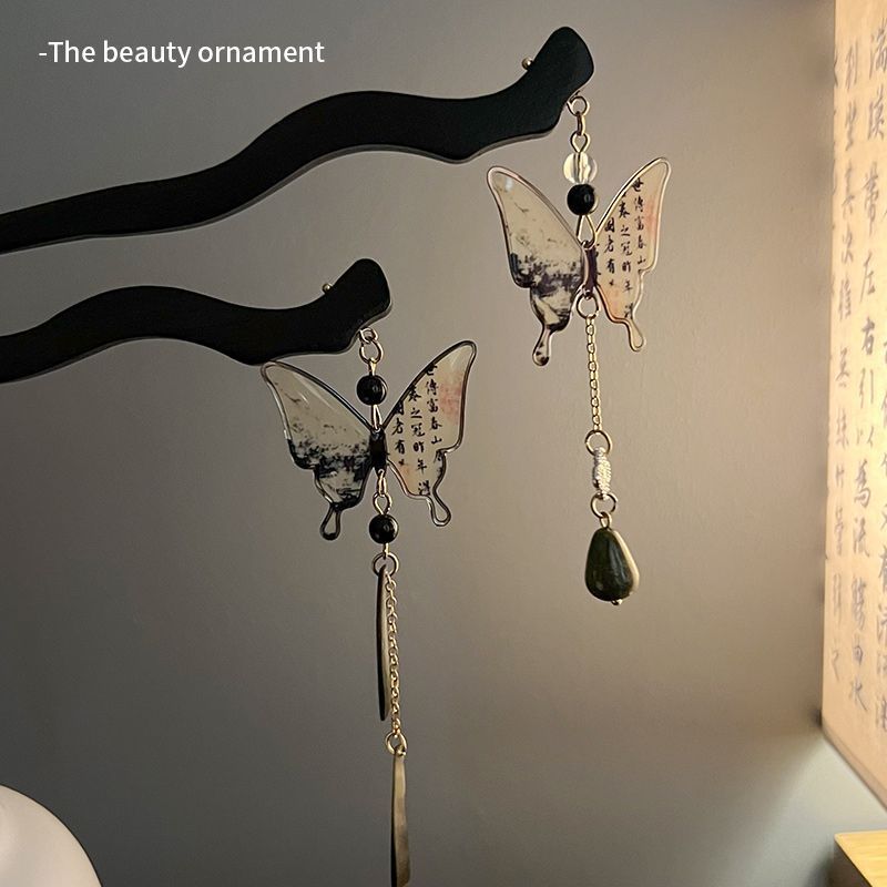 Nueva caligrafía china mariposa borla horquilla femenina estilo antiguo Tenedor de cabello Cabeza trasera updo horquilla de cabello estilo nacional horquilla de cabello accesorios de cabeza