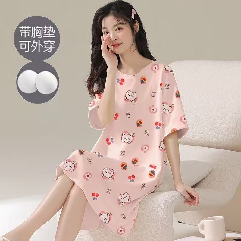 Nightgown with Breast Pads for Women, Summer Short-Sleeved Dress, Thin Student Cute Korean Style Pajamas, Mid-Length Home Wear, Summer