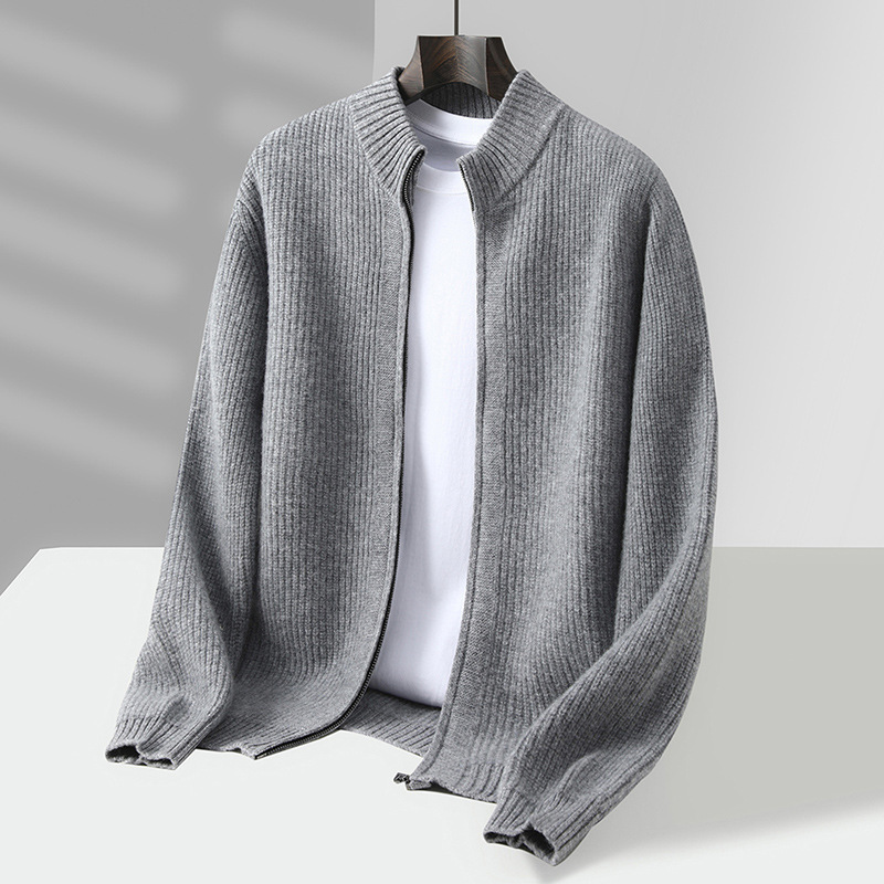 100% Pure Wool Cardigan Men's Stand Collar Full Zipper Cardigan Autumn and Winter New Knitted Bottoming Wool Sweater Jacket