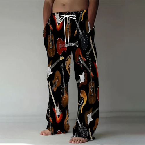 Men's Casual Straight Leg Guitar Print Pants Loose Fit Vintage Style Music Home Pants Best Selling