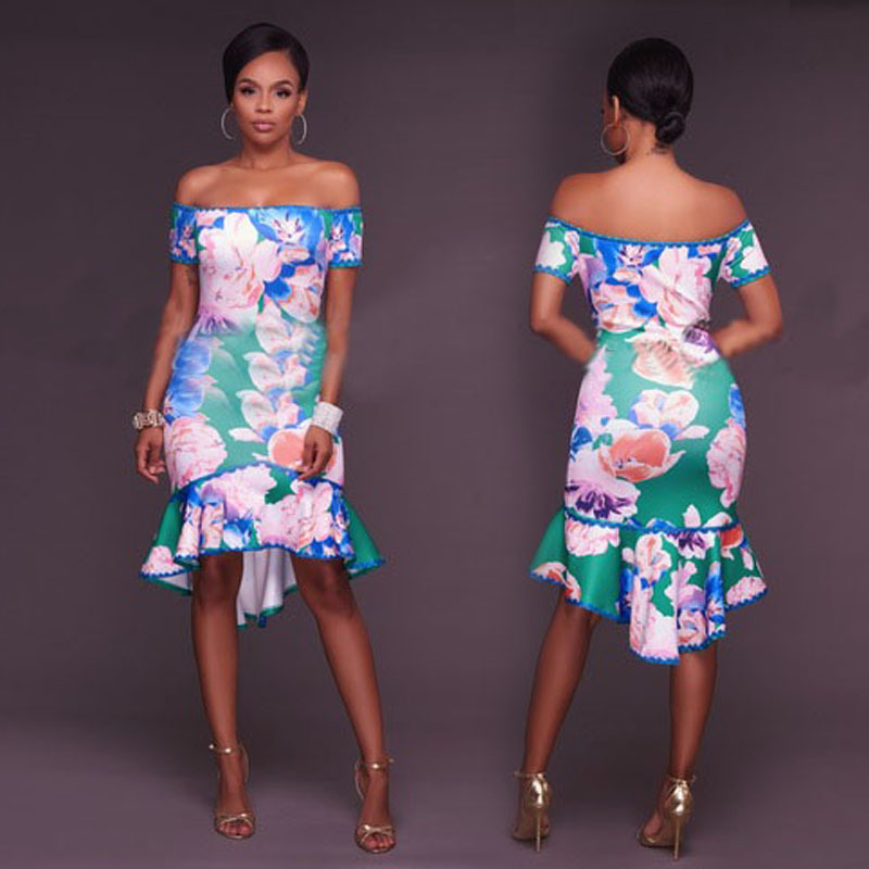 Primavera y verano impreso elegante viajero media manga media cintura vestido MIDI azul envuelto pecho leche vestido de seda