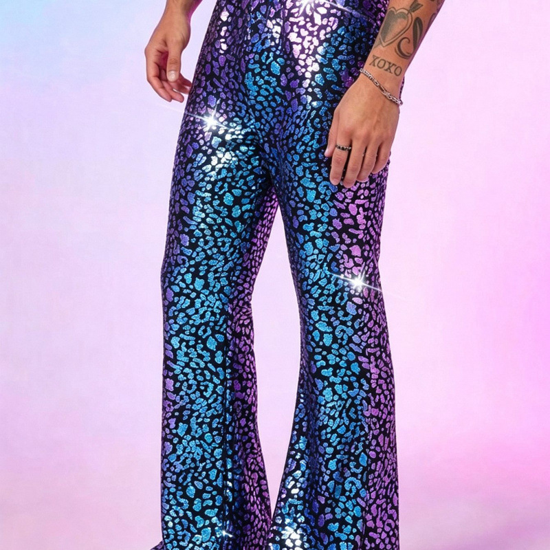 Men's sequined leopard print flared pants for disco stage performances, elastic waist, unique party wide-leg micro-flared pants Men's sequined leopard print flared pants for disco stage performances, elastic waist, unique party wide-leg micro-flared pants