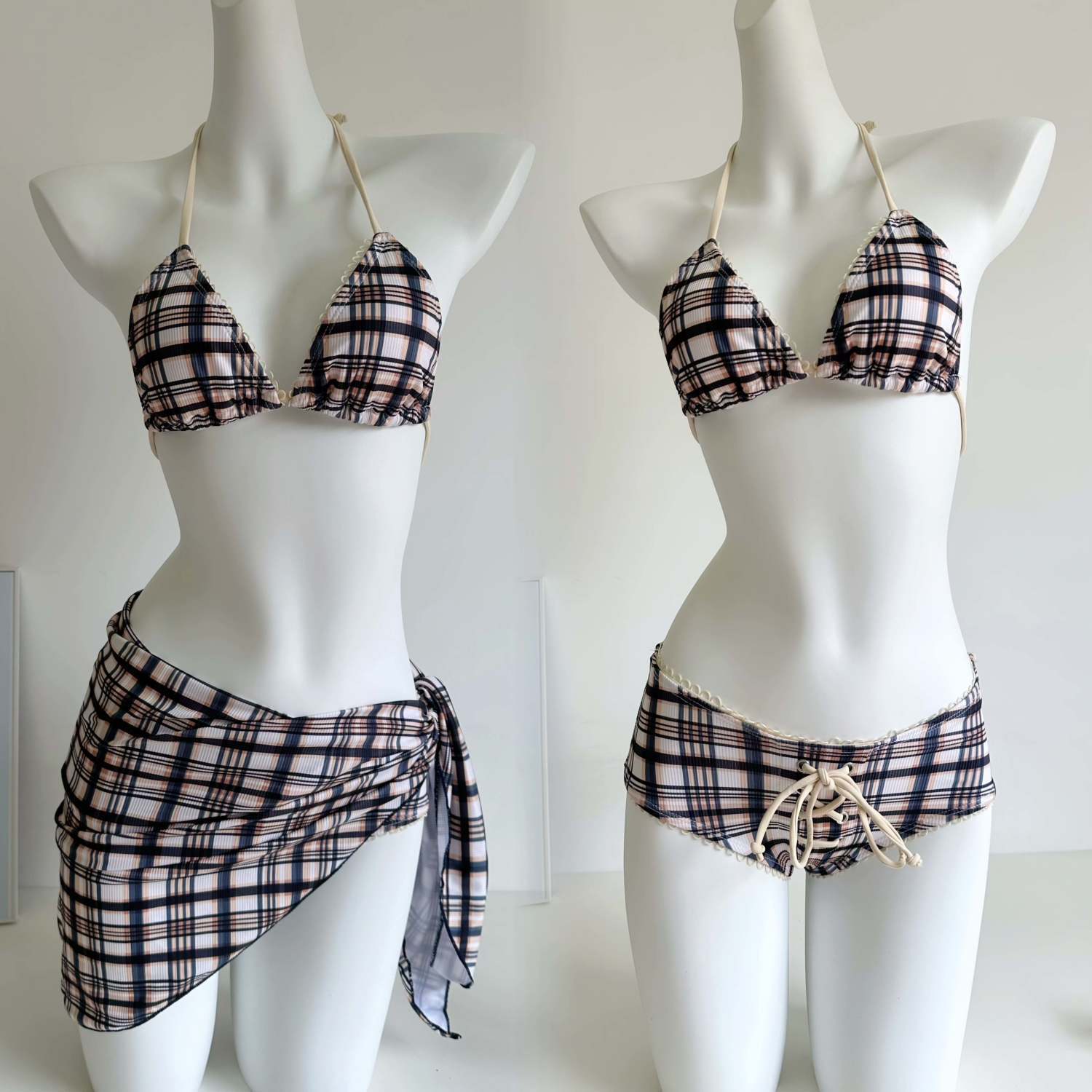 European and American Style New Jennie Same Style American Sexy Bikini Plaid Small Breast Beach Vacation Sexy Swimsuit for Women