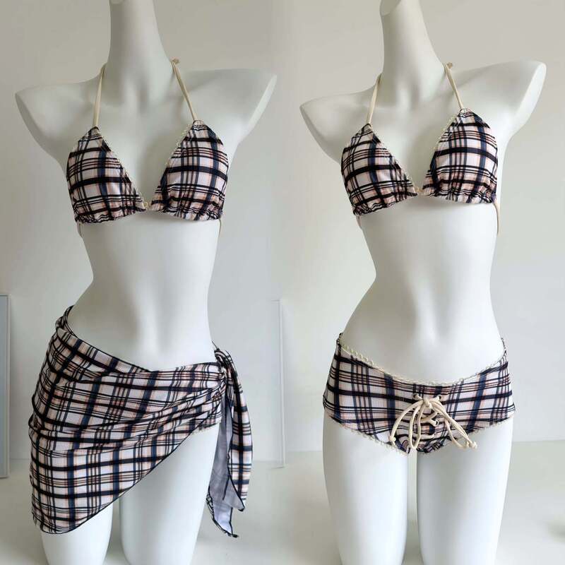 European and American Style New Jennie Same Style American Sexy Bikini Plaid Small Breast Beach Vacation Sexy Swimsuit for Women