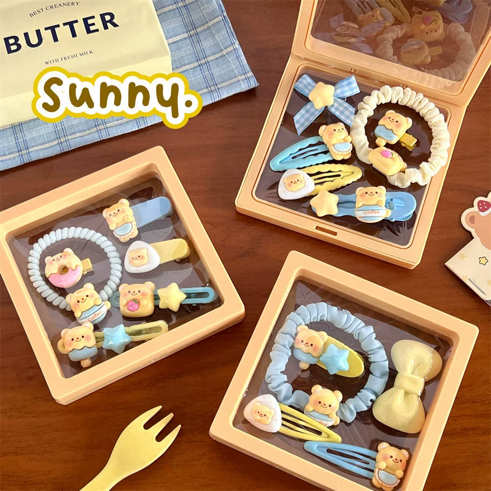 Милые кремово-желтые аксессуары для волос с медвежонком для девочек, сладкая заколка для челки, высокоэластичная повязка на голову, резинка для волос