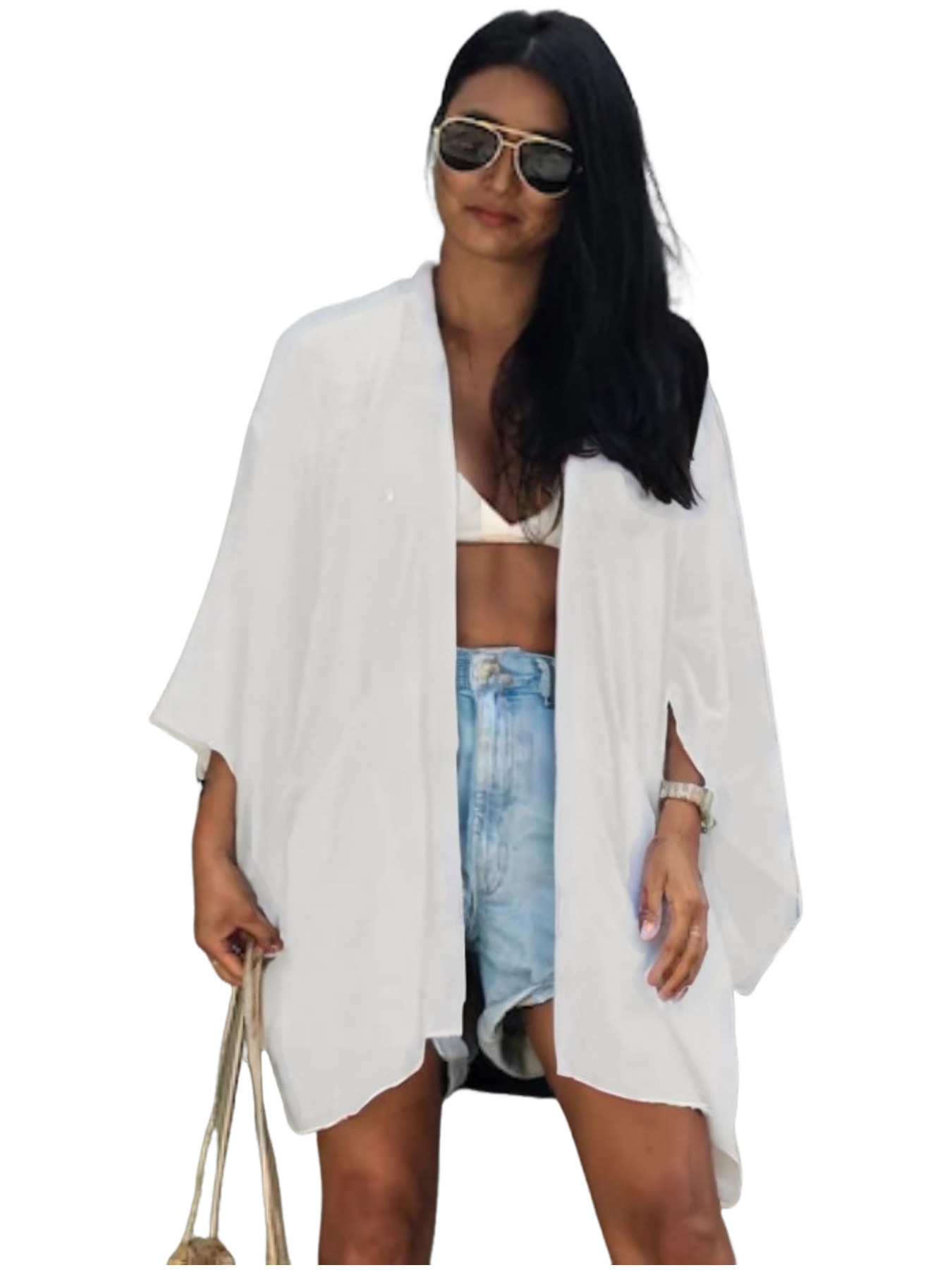 Cárdigan de rayón europeo y americano transfronterizo y kimono blusa suelta corta de todo fósforo camisa de protección solar de vacaciones junto al mar chal M0003