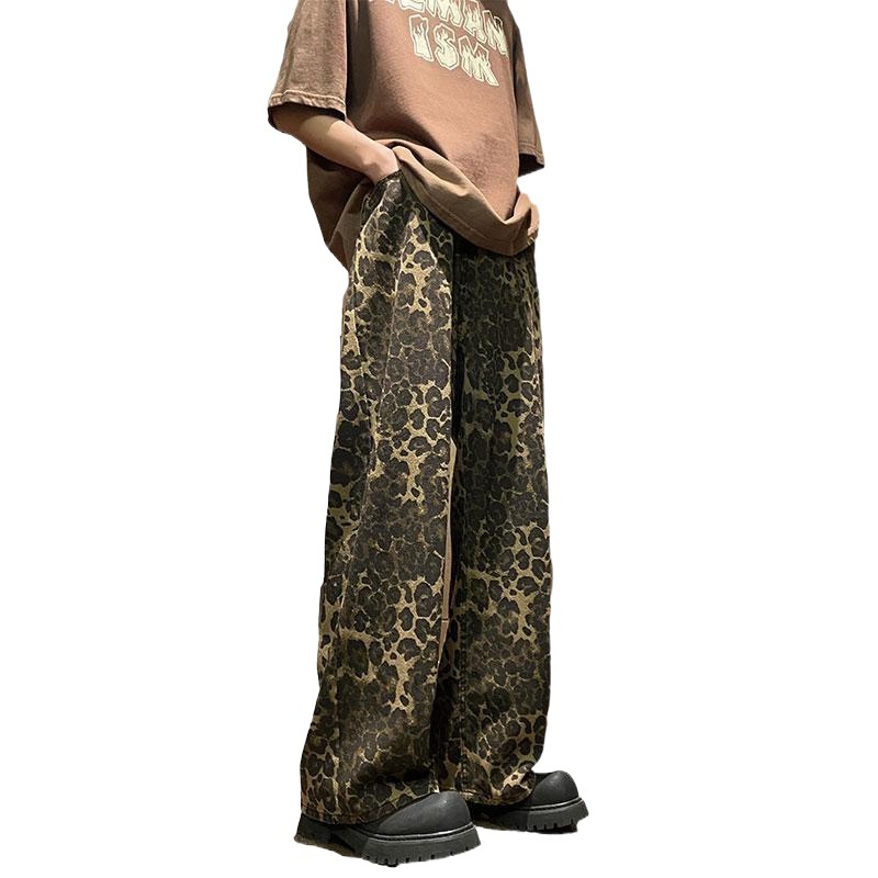 Vintage American Jeans estampado leopardo primavera hombre suelto rectas piernas anchas pantalones casuales juveniles de alta calidad image 6