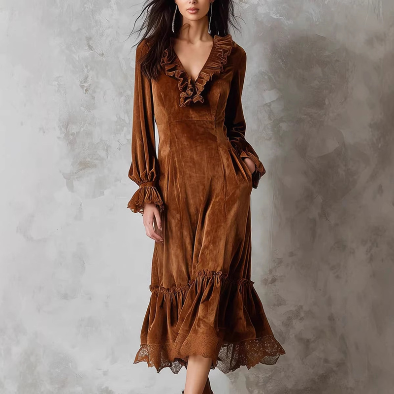 2026 European and American Women's Fashion Amazon Long French Lace Patchwork Lantern Sleeve Ruffle V-Neck Velvet Dress