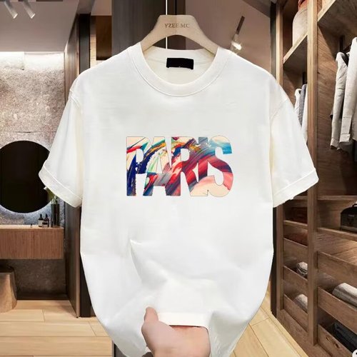 Paris Short-Sleeve Men's Hong Kong Style T-Shirt Heavyweight Trendy Versatile Summer Clothes Men's Streetwear Brand Loose American Retro High Street