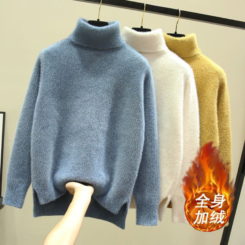 不掉毛不掉色防水貂绒加雪尼尔宽松新款高领纯色毛衣女套头针织衫