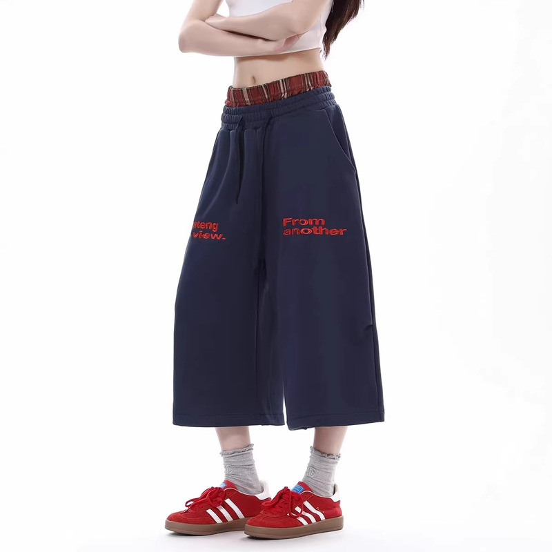 Plaid patchwork double-waisted casual shorts for women, 2026 summer American style loose sports sweatpants, wide-leg straight cropped pants Plaid patchwork double-waisted casual shorts for women, 2026 summer American style loose sports sweatpants, wide-leg straight cropped pants