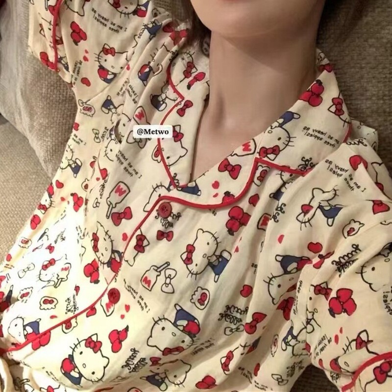 Metwo Hellokitty Series Pajamas for Women, Cute Cardigan Loungewear, Short-Sleeve Top and Long Pants for Outerwear, Cross-Border Metwo Hellokitty Series Pajamas for Women, Cute Cardigan Loungewear, Short-Sleeve Top and Long Pants for Outerwear, Cross-Border