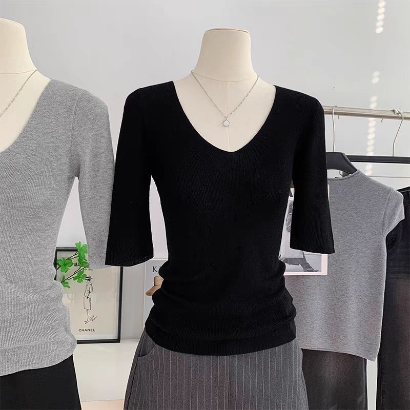 Thin Elegant V-neck Slim-fit Mid-sleeve Knitwear Women's Spring and Summer Short-sleeve T-shirt Unique and Beautiful Inner Base Top