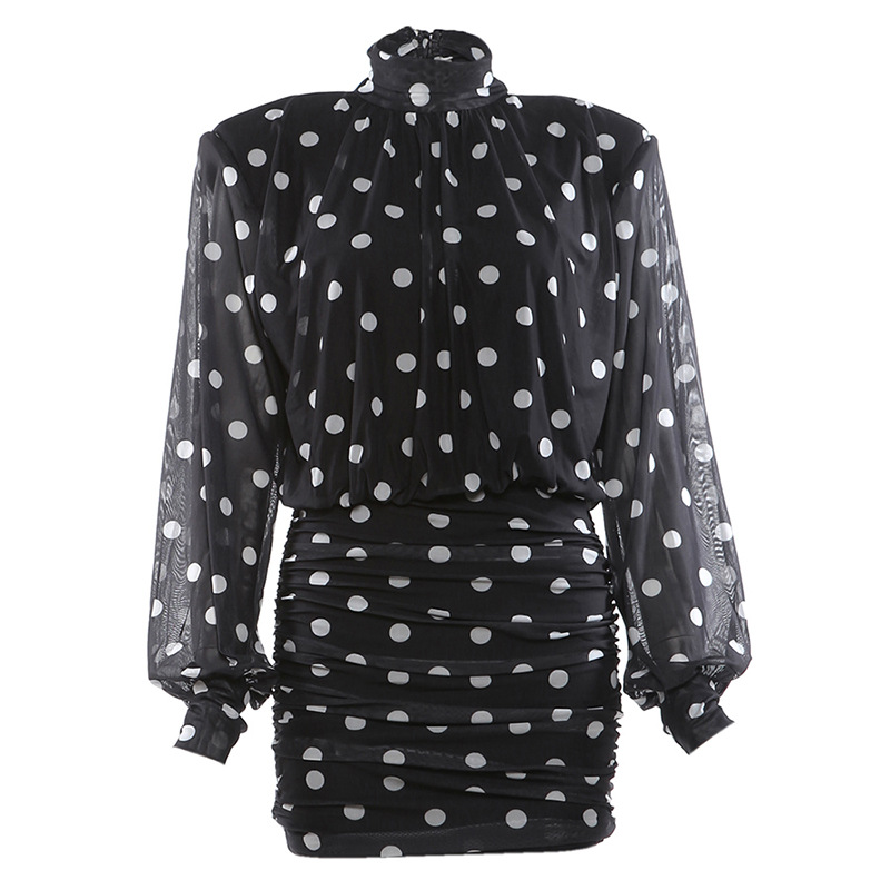 Winter Fashion High Neck Polka Dot Short Dress for Women Exposed Back Design New Arrival_ecoleips.com