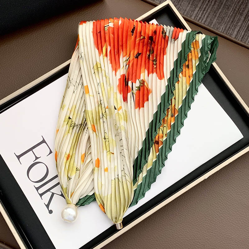 Hebilla de succión magnética collar de perlas bufanda de seda larga y estrecha bufanda de cuello femenino con camisa bufanda fina bufanda de seda plisada bufanda