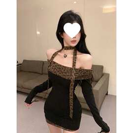 性感辣妹复古时尚豹纹连衣裙女春季新款紧身显瘦拼接包臀短裙子潮