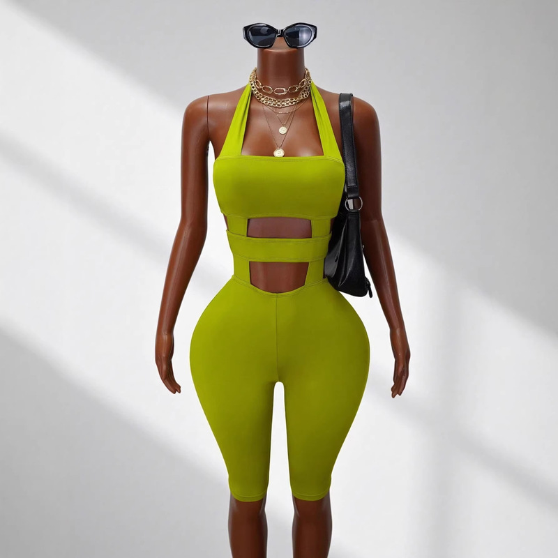 2026 New Solid Color One-Piece Bodysuit, Tight-Fitting Sports Casual Halter Neck Backless Jumpsuit, Fashionable and High-End