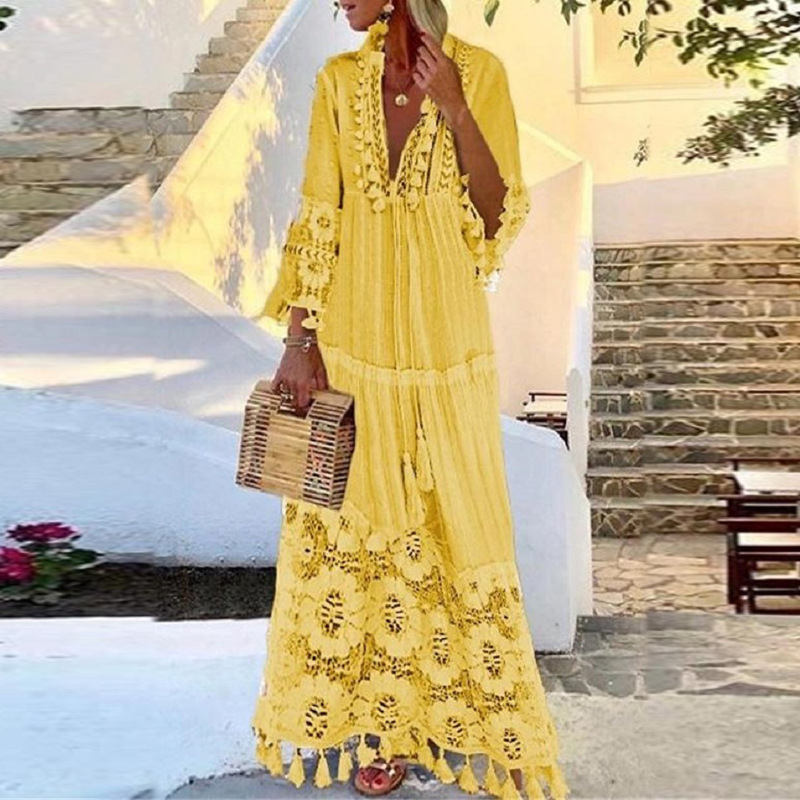 2021 Spring Bohemian Style New Lace Tassel Spliced Beach Vacation Temperament Long Skirt Dress
