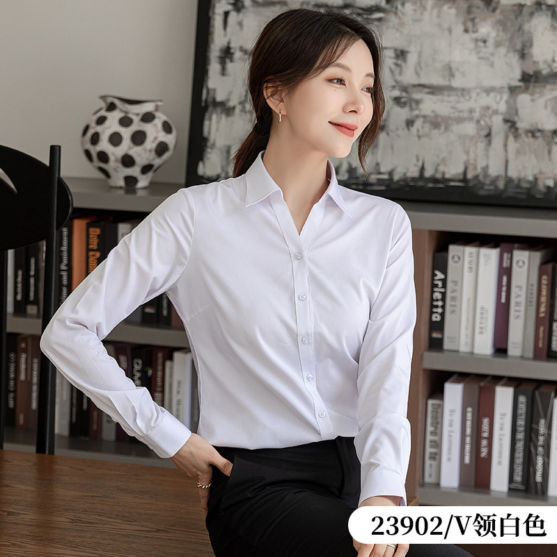 60% cotton white shirt women's long sleeve spring and autumn anti-wrinkle Korean style shirt formal wear professional work clothes temperament V-neck