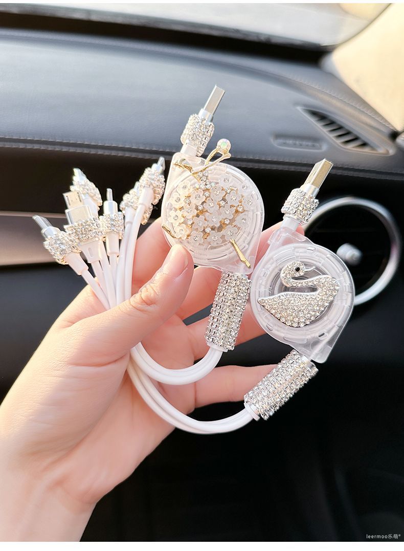 Car Charger Fast Charging Cigarette Lighter Light Luxury Car One to Three Multi-Function Telescopic Three-In-One Mobile Phone Data Cable