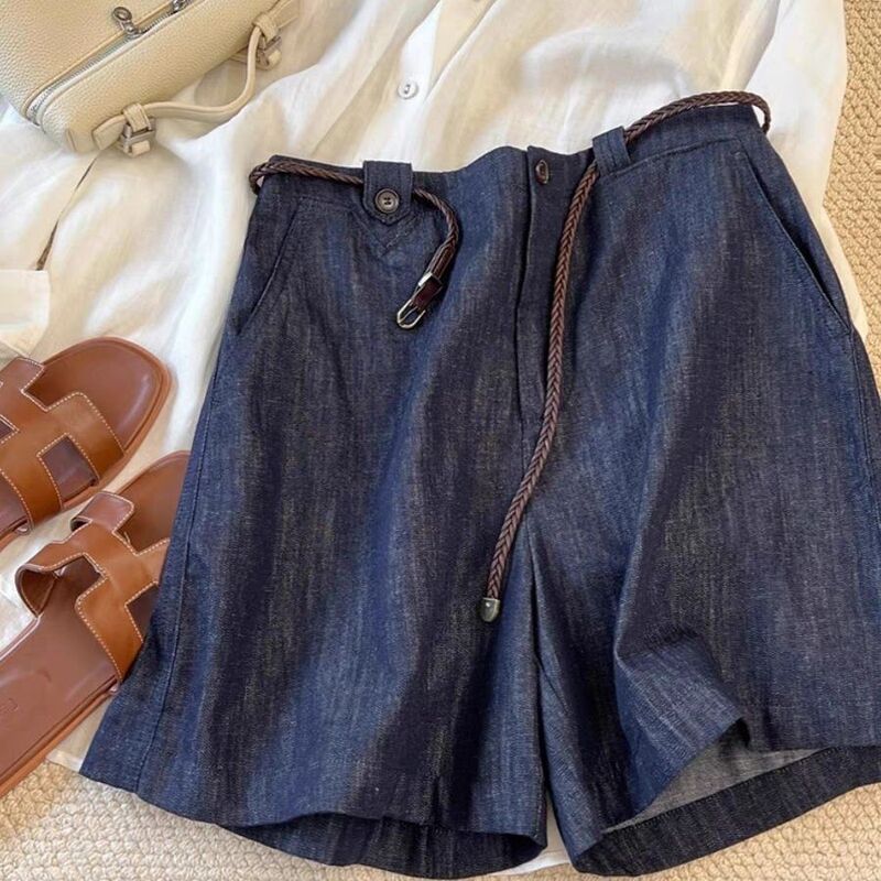 God pants, addictive somatosensory!!! dark blue Linen Jeans Women's High Waist Wide Leg Cotton Linen Shorts