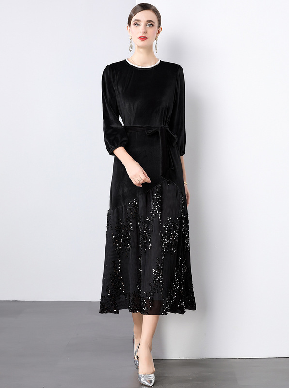 French Ladies Elegant Sequin Stitching Velvet dress Women 2024 Autumn and Winter New Casual Loose Dress Women's Clothing