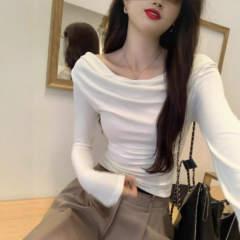 Beautiful One-Shoulder Swung Collar Off-Shoulder Slim Long-Sleeved T-Shirt for Women Early Autumn New Korean Style Slimming Look Top