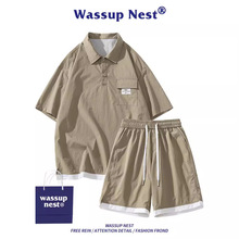 WASSUP薄款polo衫男士休闲运动套装夏季短袖t恤日系潮牌时尚五分