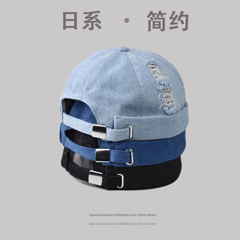 Minimalist Washed Denim Newsboy Cap, Japanese and Korean Style, Simple Solid Color, Cool Hip-Hop Brimless Landlord Hat, Trendy Minimalist Washed Denim Newsboy Cap, Japanese and Korean Style, Simple Solid Color, Cool Hip-Hop Brimless Landlord Hat, Trendy