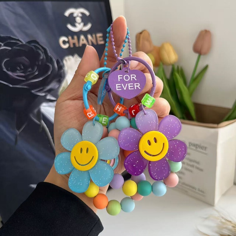 Cross-border Cute Letter Sunflower Bag Pendant Smiley Rubber Beads Rainbow Color Handmade Beaded Key Chain