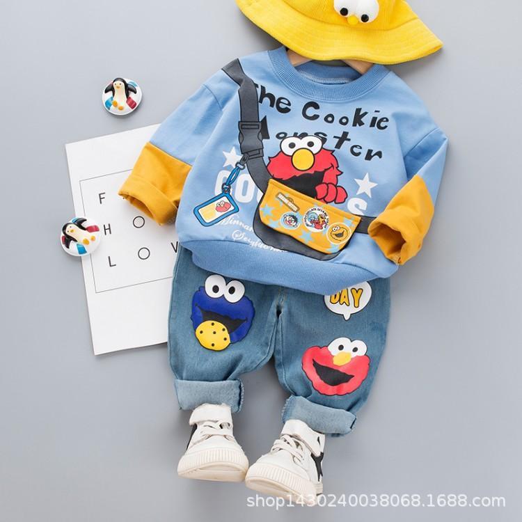 Sesame Street Boy's Baby's Spring and Autumn Suit Boy's Sweatshirt Handsome Children's Jeans Cartoon Western Style Two-Piece Set