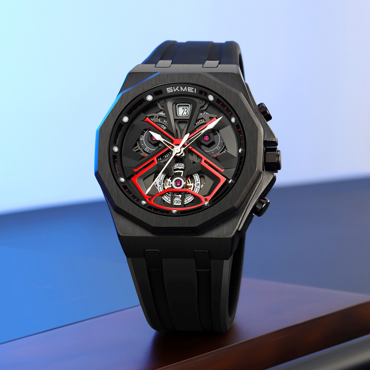 Momento de belleza para hombres octogonal oro viento mecánico reloj de cuarzo transfronterizo correa de silicona multifuncional relojes de pulsera ocio