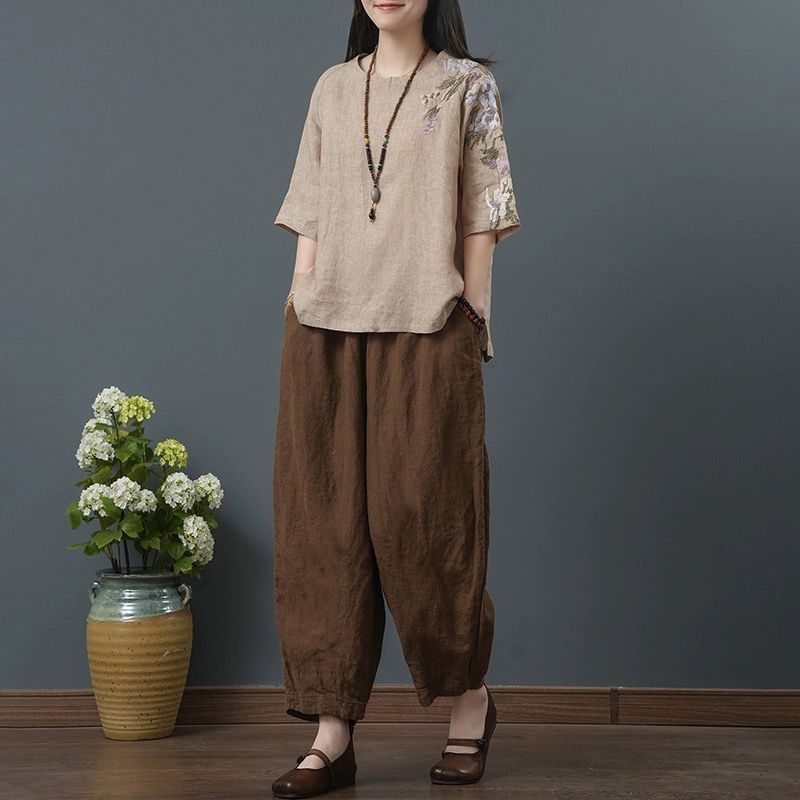 ゆったり大きいサイズの婦人服中年ママ夏リネン刺繍綿麻トップスレディース半袖Tシャツ9点パンツスーツ|undefined