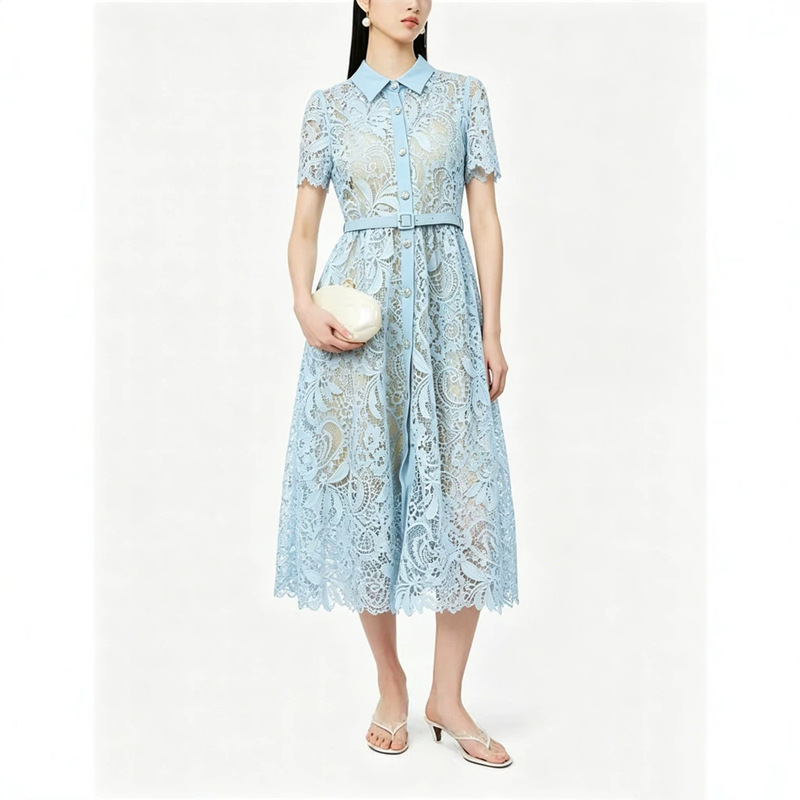 Summer Designer Fashion Brand Heavy-Duty Water-Soluble Floral Hollow Lace Elegant Ladylike Long Dress with a Turn-Down Collar